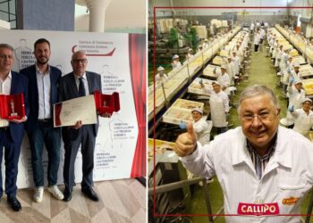 I dipendenti premiati dalla Camera di Commercio. In mezzo a loro Giacinto Callipo. Nella foto a destra Pippo Callipo