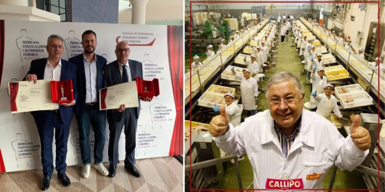 I dipendenti premiati dalla Camera di Commercio. In mezzo a loro Giacinto Callipo. Nella foto a destra Pippo Callipo