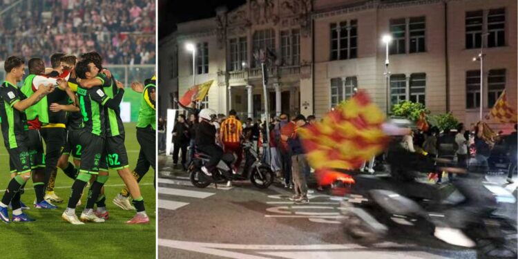 Giocatori e tifosi del Catanzaro in festa
