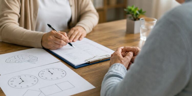 Una persona insieme a una dottoressa impegnati in uno screening neuropsicologico