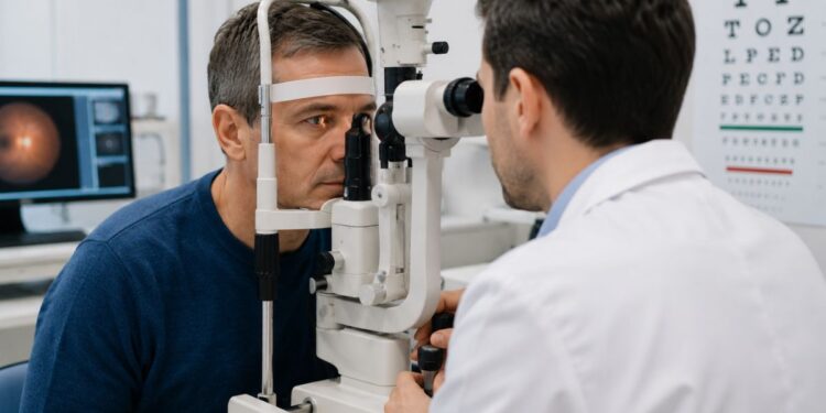 Una visita oculistica, con il medico visitato dal paziente