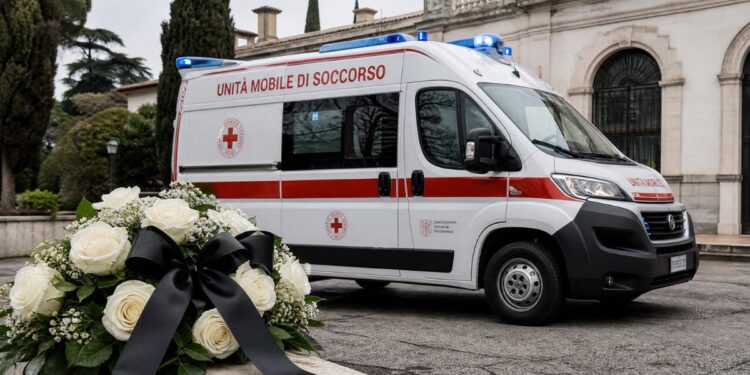 Una ambulanza e dei fiori in segno di lutto