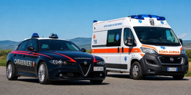 Una pattuglia dei carabinieri e un'ambulanza del 118