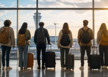 Giovani in aeroporto in attesa di partire
