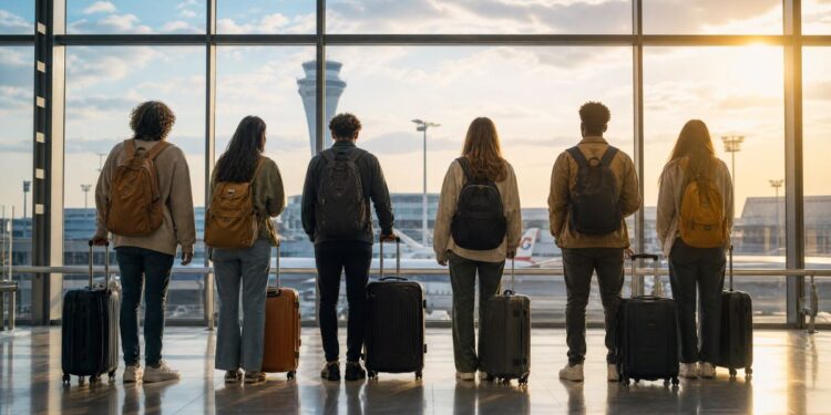 Giovani in aeroporto in attesa di partire
