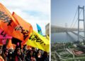 Le bandiere di Libera e il render del Ponte sullo Stretto