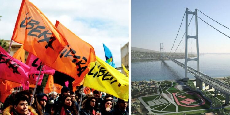 Le bandiere di Libera e il render del Ponte sullo Stretto