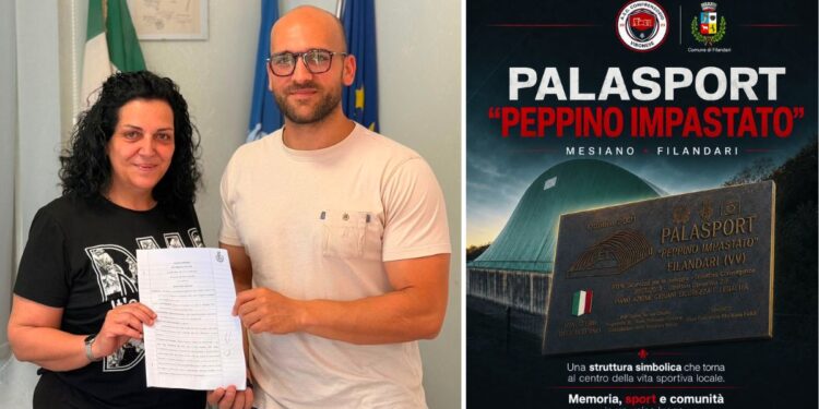 Il palasport Peppino Impastato di Mesiano, il sindaco di Filandari Rita Fuduli ed il presidente del Comprensorio Vibonese, Anthony Lo Bianco