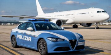 Una pattuglia della Polizia di Stato con sullo sfondo un aereo