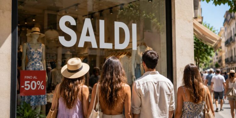 Persone davanti alle vetrine in occasione dei saldi estivi