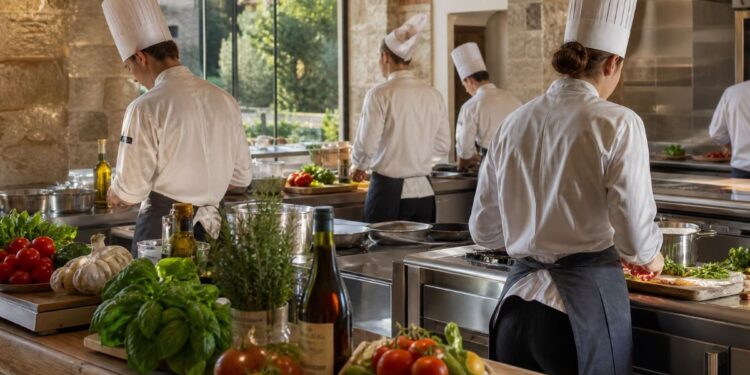 Una scuola di cucina con aspiranti chef e cuochi intenti ad eseguire delle preparazioni, dei piatti