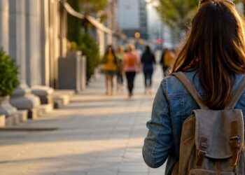 Una giovane studentessa di spalle con lo zaino
