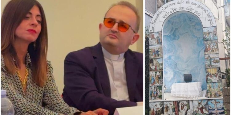 A sinistra Titti Rando e don Salvatore Randazzo, a destra il vetro di protezione della teca