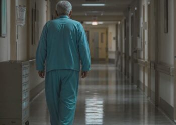 Un anziano nei corridoi di un ospedale