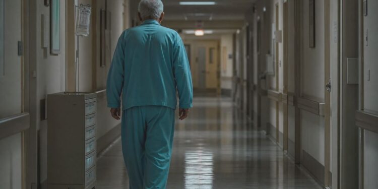 Un anziano nei corridoi di un ospedale
