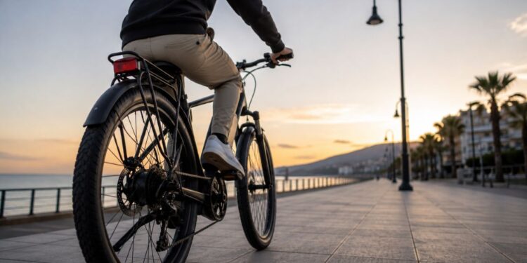 Un uomo in sella ad una bicicletta elettrica su un lungomare