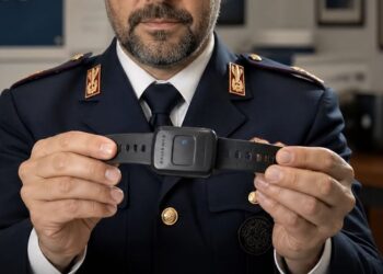 Un braccialetto elettronico mostrato da un agente della Polizia di Stato