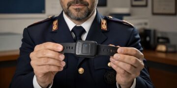 Un braccialetto elettronico mostrato da un agente della Polizia di Stato