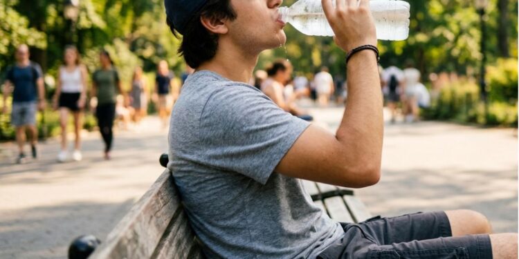 Un ragazzo beve da una bottiglia d'acqua per affrontare il caldo estivo e l'afa