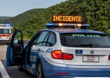 Una pattuglia della Polizia Stradale e una ambulanza sul luogo di un incidente in autostrada