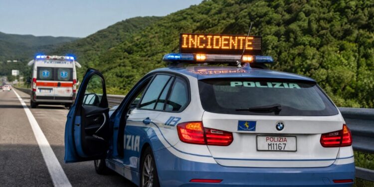 Una pattuglia della Polizia Stradale e una ambulanza sul luogo di un incidente in autostrada