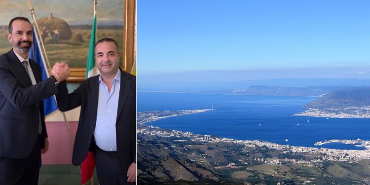 I sindaci di Messina e Reggio Calabria, Basile e Cannizzaro, e una foto dello Stretto