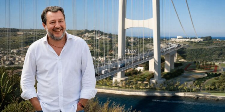 Matteo Salvini e il render del Ponte sullo Stretto