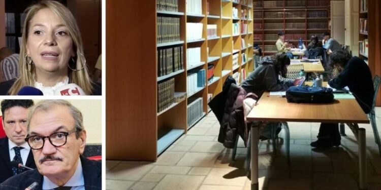 Carmen Corrado, capogruppo di Forza Italia, ed il sindaco Enzo Romeo. A fianco una sala del Sistema bibliotecario vibonese