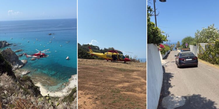 Il salvataggio a Capo Vaticano a Praia i focu, elicottero dei vigili del fuoco ed elisoccorso