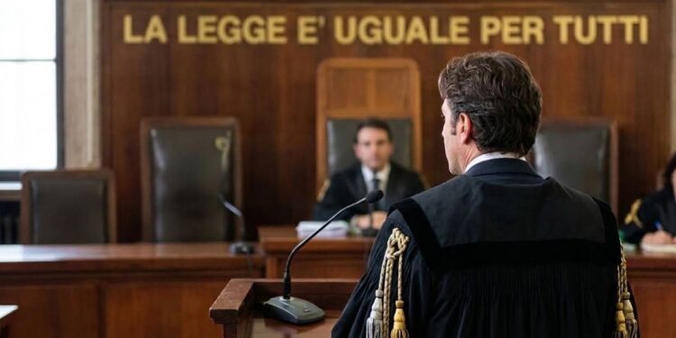 Un avvocato con la toga di fronte a un giudice durante un processo in un'aula di tribunale