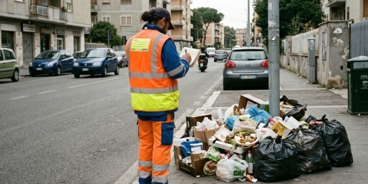 Controlli sui rifiuti indifferenziati e un operatore che annota per infliggere una sanzione