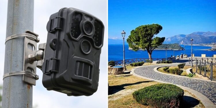 Una fototrappola e a destra uno scorcio di San Nicola Arcella