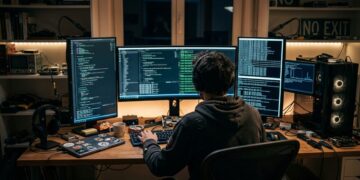 Un hacker al lavoro su dei computer