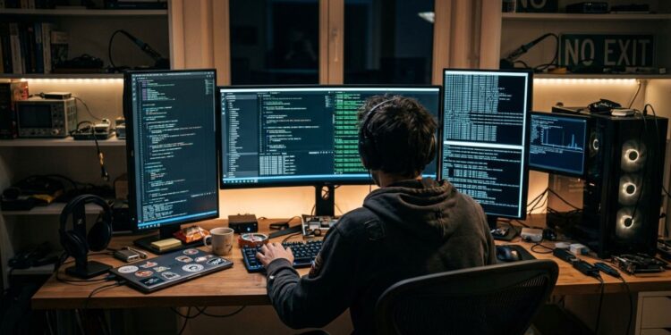 Un hacker al lavoro su dei computer