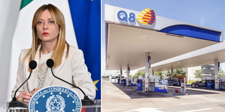 La presidente del consiglio Giorgia Meloni e un distributore Q8