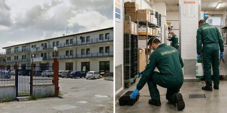 Palazzo Gemini a Vibo Valentia. A destra, foto generica, un'operazione di derattizzazione