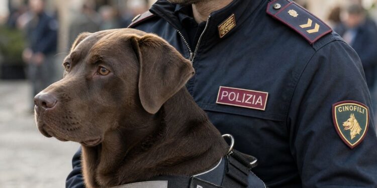 Un cane della cinofili e un agente della Polizia di Stato