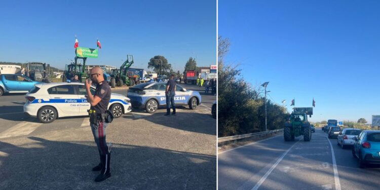La protesta dei lavoratori del comparto agricolo con i trattori a Crotone, in Calabria