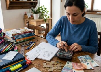 Una immagine raffigura una mamma intenta a fare conti per l'acquisto di materiale scolastico e libri