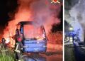 Vigili del Fuoco a lavoro per spegnere l'incendio del bus