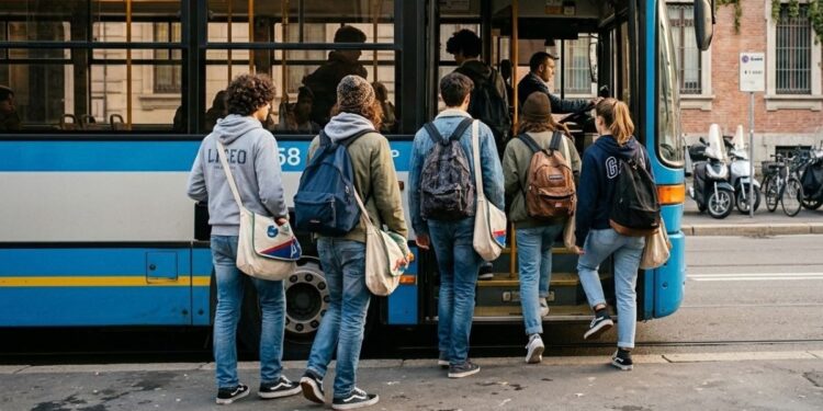 Alcuni studenti intenti a prendere l'autobus per raggiungere la scuola