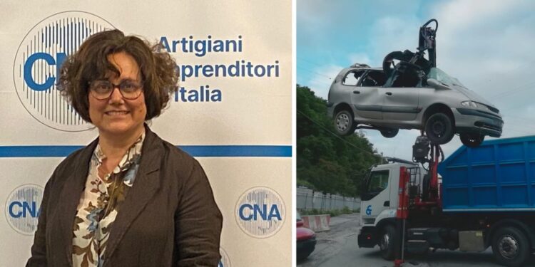 Giovanna Vono della Cna Catanzaro e un veicolo fuori uso rimosso
