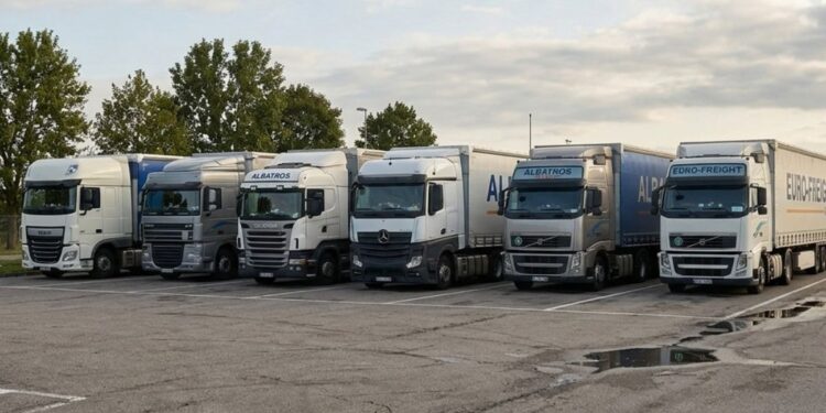 Autotrasporti, tir e camion in un parcheggio