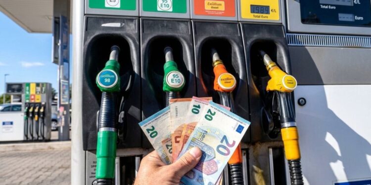 Alcune banconote euro e una pompa di benzina