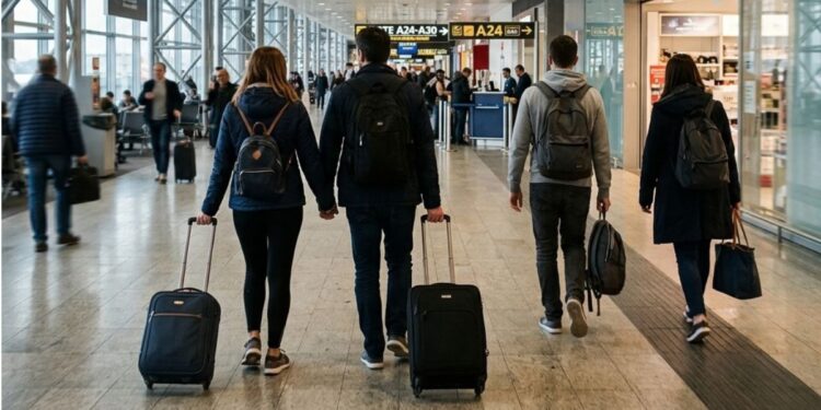I passeggeri in aeroporto che si dirigono al gate per l'imbarco di un volo