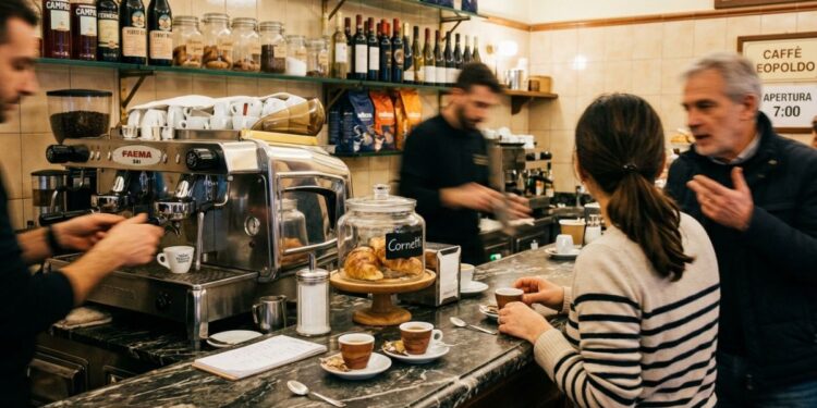 Un bar con clienti al bancone e baristi